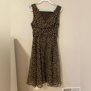 Sleeveless, low v neck, Brown a-line midi, polka dot party dress